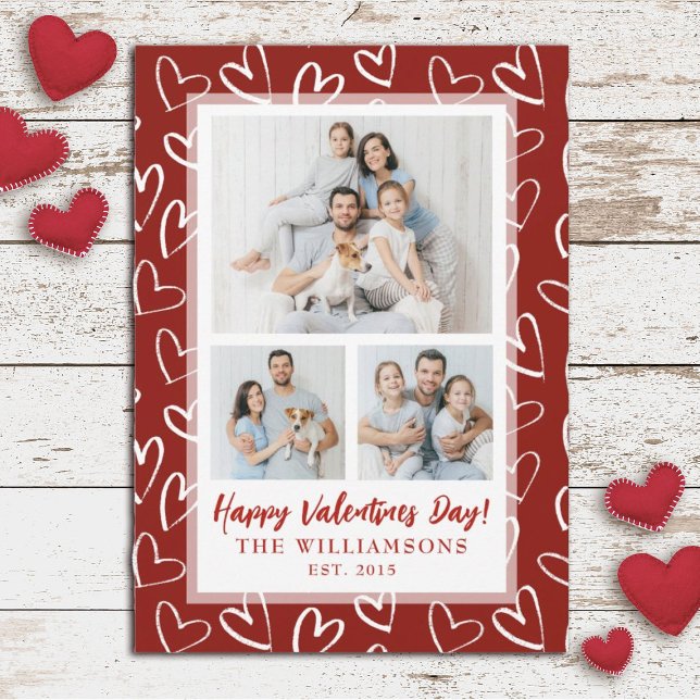 Modern Stylish Valentines Day Family Photo Holiday (A modern 3 photo collage Valentine's Day card. Personalize it with your photos.)