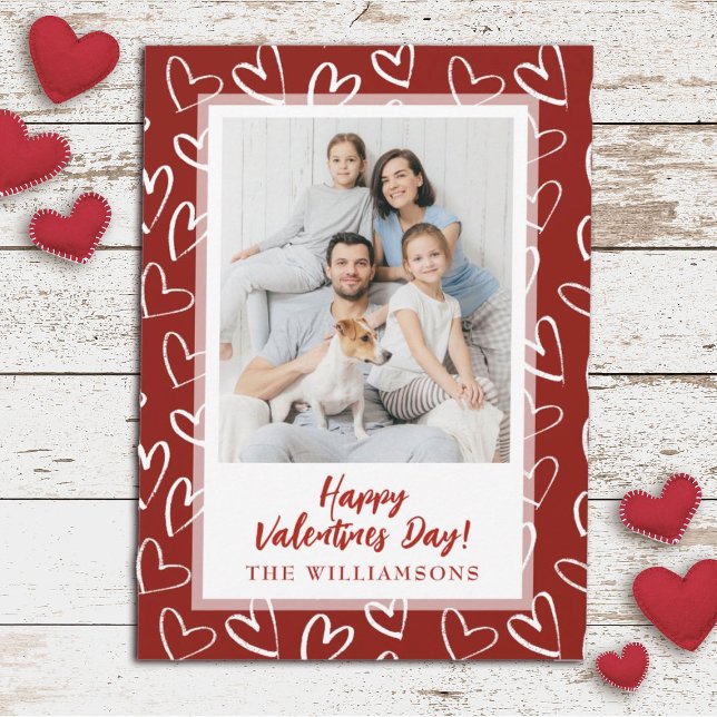 Modern Stylish Valentines Day Family Photo Holiday Card (A cute red and white Valentines photo card. Personalize it with your photo and name)