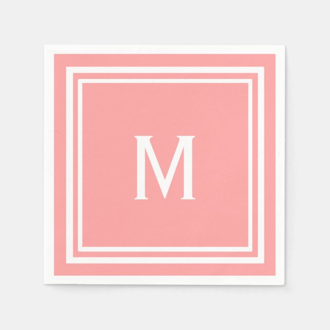 Modern Stylish Watermelon or Coral Pink  Monogram Napkin (Front)