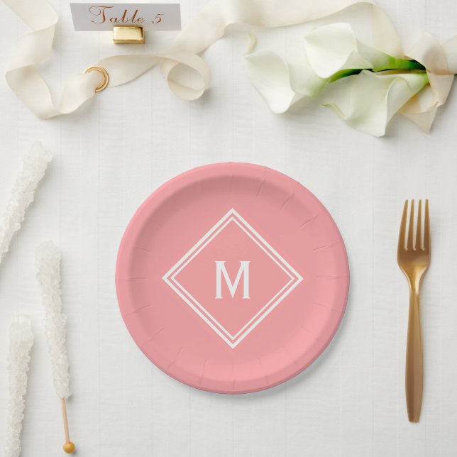Modern Stylish Watermelon Pink Custom Monogram Paper Plate (Wedding)