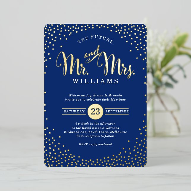MODERN STYLISH WEDDING confetti navy blue gold (Standing Front)