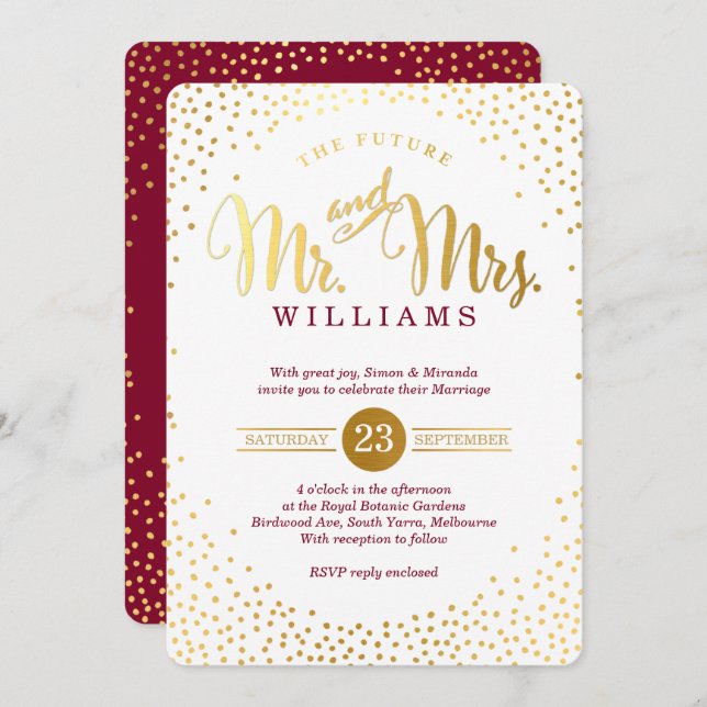 MODERN STYLISH WEDDING gold confetti maroon invite (Front/Back)