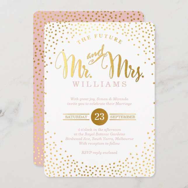 MODERN STYLISH WEDDING gold confetti spot pink Invitation (Front/Back)