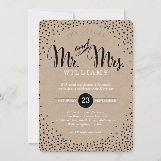 MODERN STYLISH WEDDING mini black confetti kraft Invitation (Front)