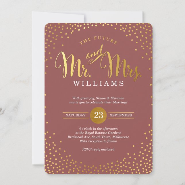 MODERN STYLISH WEDDING mini gold confetti marsala Invitation (Front)