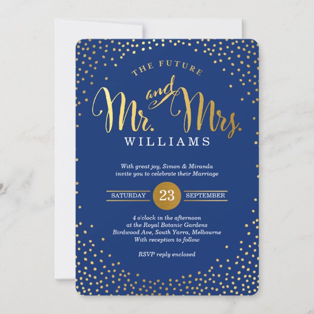 MODERN STYLISH WEDDING mini gold confetti navy Invitation (Front)