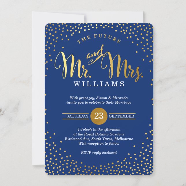 MODERN STYLISH WEDDING mini gold confetti navy Invitation (Front)