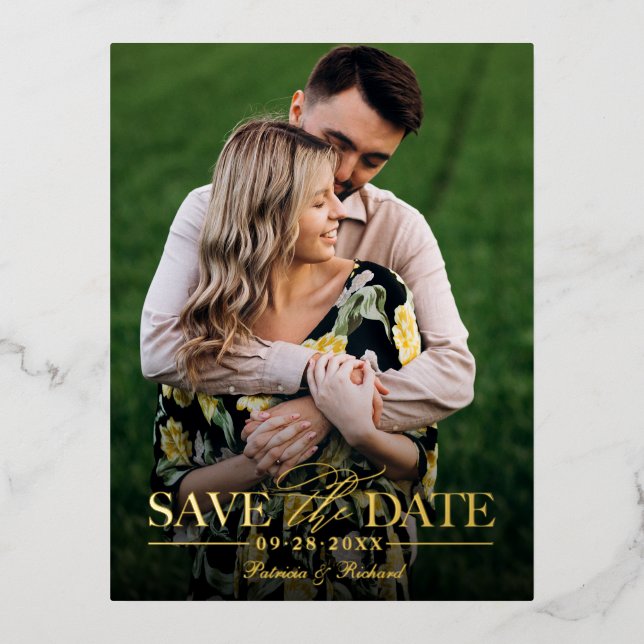Modern Stylish Wedding Save The Date Photo Foil Holiday Postcard (Front)