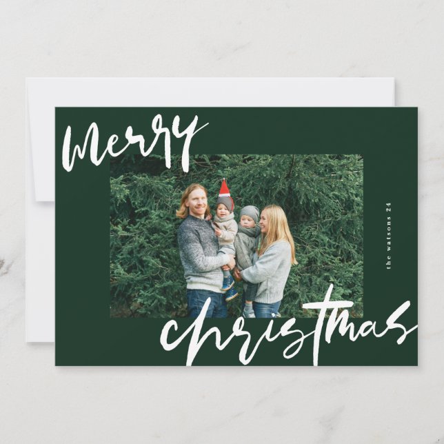 modern stylish white & green photo merry christmas holiday card (Front)