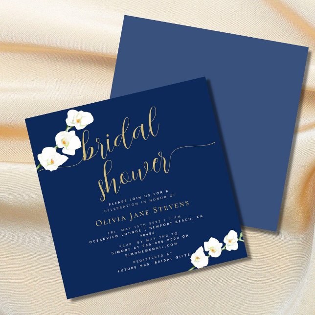 Modern Stylish White Orchid Navy Bridal Shower Invitation (Creator Uploaded)