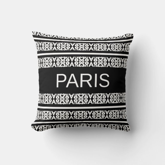 Modern stylish white Paris calligraphy on black Cushion (Front)