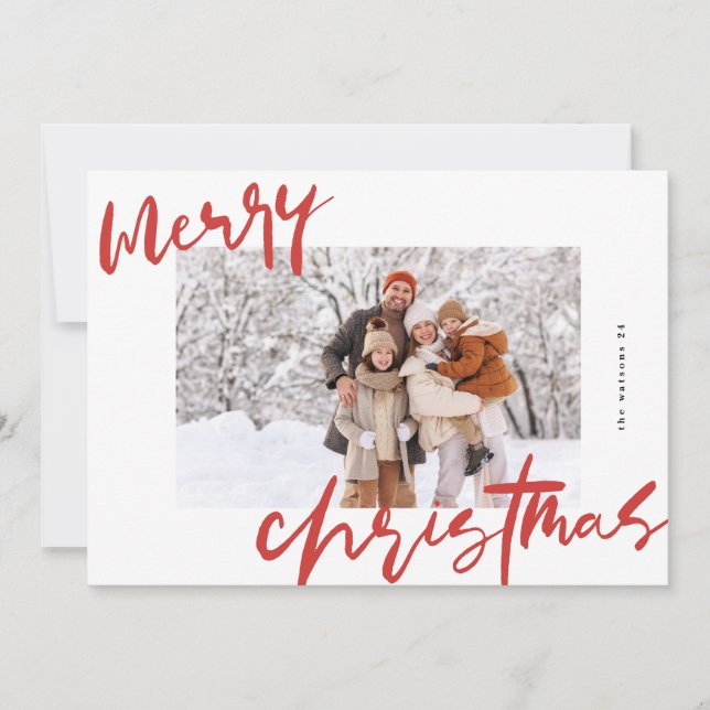 modern stylish white & red photo merry christmas holiday card (Front)