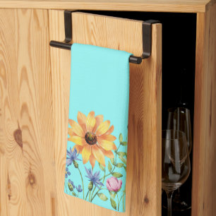 Modern Stylish Wildflowers on Teal Background Tea Towel