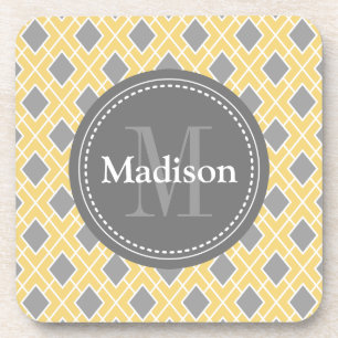 Modern Stylish Yellow Grey Diamond Pattern Coaster