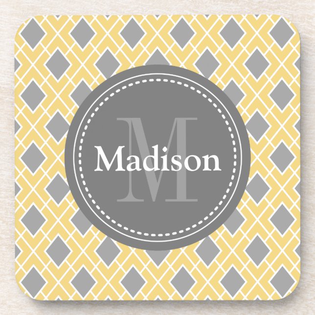 Modern Stylish Yellow Grey Diamond Pattern Coaster (Front)