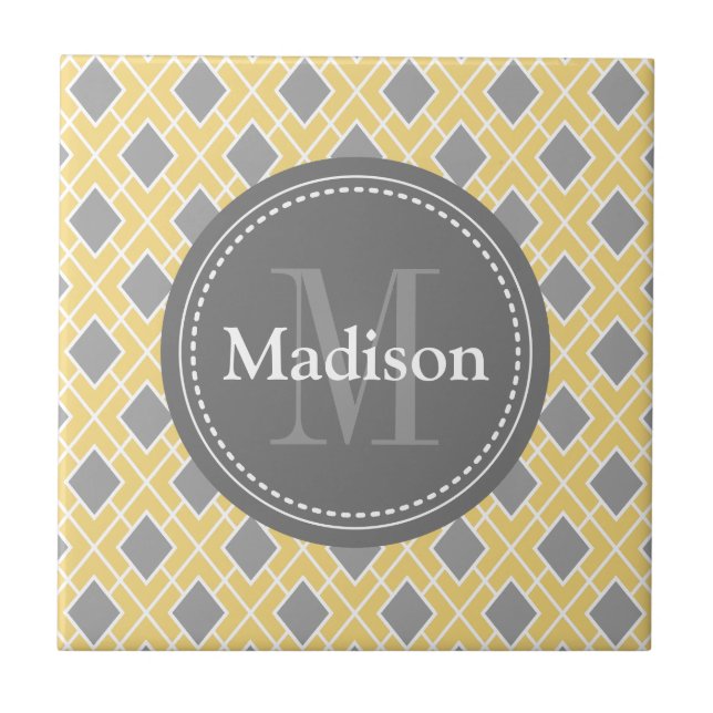 Modern Stylish Yellow Grey Diamond Pattern Tile (Front)