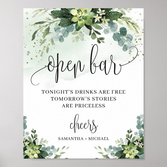 Modern succulent eucalyptus open bar sign (Front)
