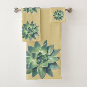 Modern Succulent Plant Leaves on Light Beige Bath Towel Set