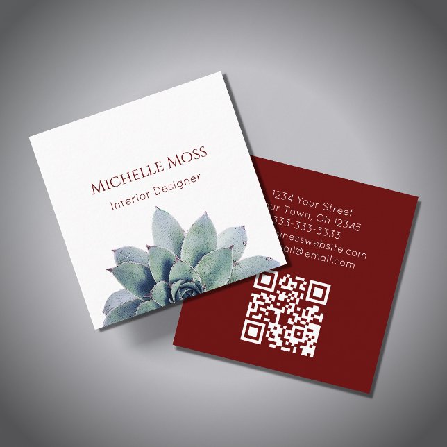 Modern Succulent QR code Botanical Cactus Square Business Card (Creator Uploaded)