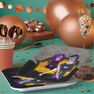 Modern Sugar Skull Couple on Vintage Yellow Couch  Paper Plate
