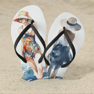 Modern Summer Beach Fashion Watercolor Name Thongs