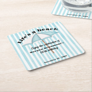 Modern Summer Beach Party Stripes 50th Birthday Square Paper Coaster