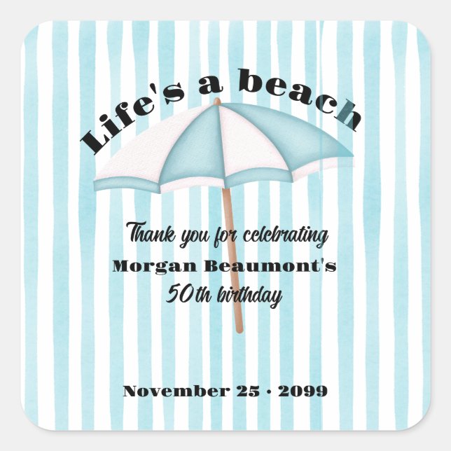 Modern Summer Beach Party Stripes 50th Birthday Square Sticker (Front)