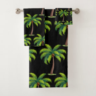 Modern Summer Botanical Palm Trees on Black Bath Towel Set