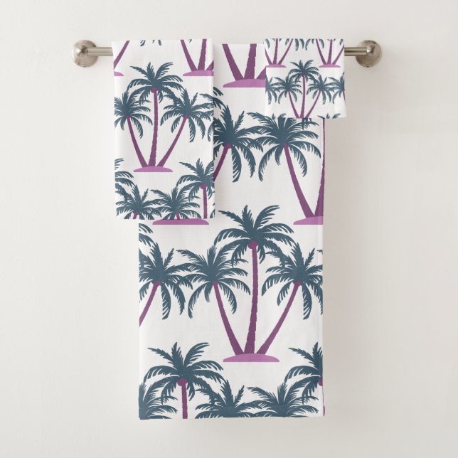 Modern Summer Botanical Three Palm Trees on White Bath Towel Set (Insitu)