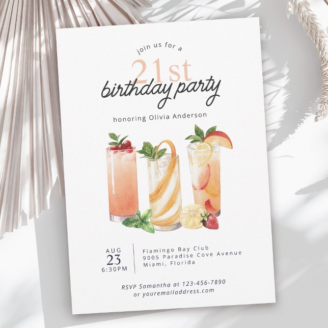 Modern Summer Cocktails 21st Birthday Party Invitation (Available in both printed and instant download formats.)