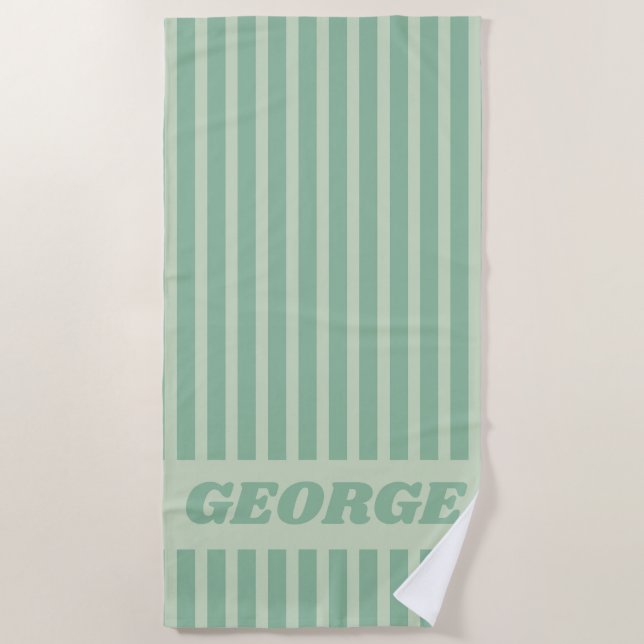 Modern Summer Green Striped Personalised Beach Towel (Front)