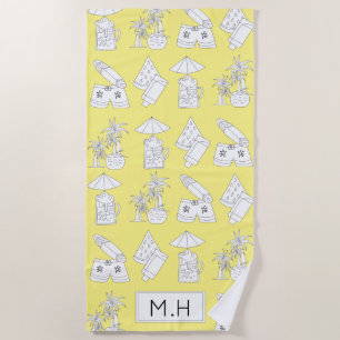 Modern Summer Line Drawings on Yellow Monogram Beach Towel