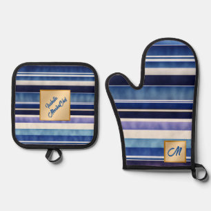 Modern Summer Navy Blue Boat Stripes Collection Oven Mitt & Pot Holder Set