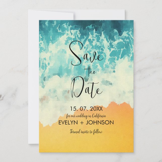 Modern Summer Ocean Beach Wedding Save The Date (Front)