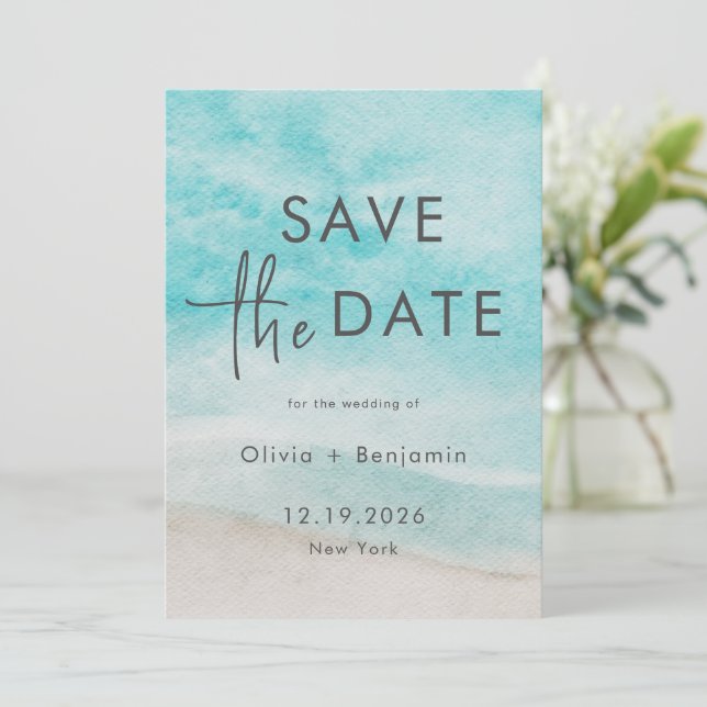 Modern Summer Ocean Beach Wedding Save The Date Invitation (Standing Front)