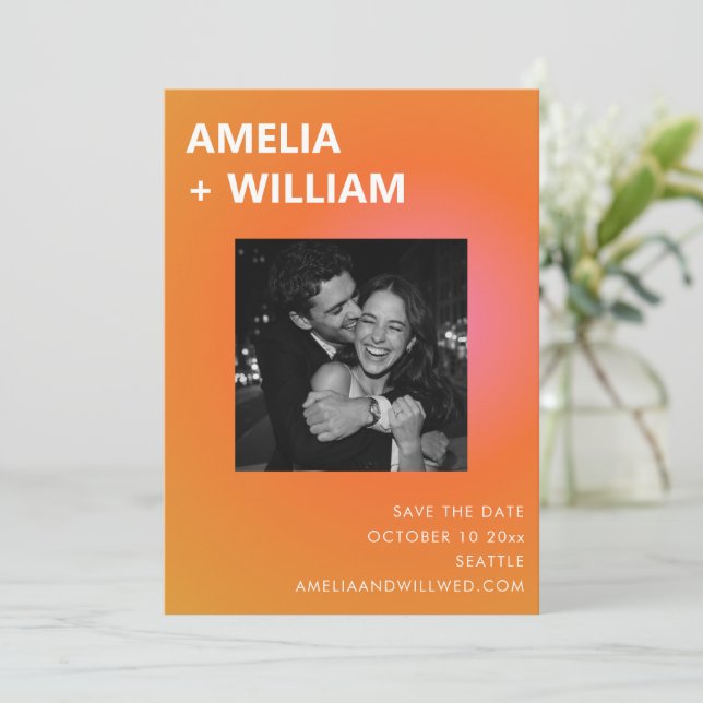 Modern Summer Orange Pink Wedding Photo Save The Date (Standing Front)
