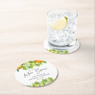 Modern Summer Oranges Lemon Citrus Bridal Shower Round Paper Coaster