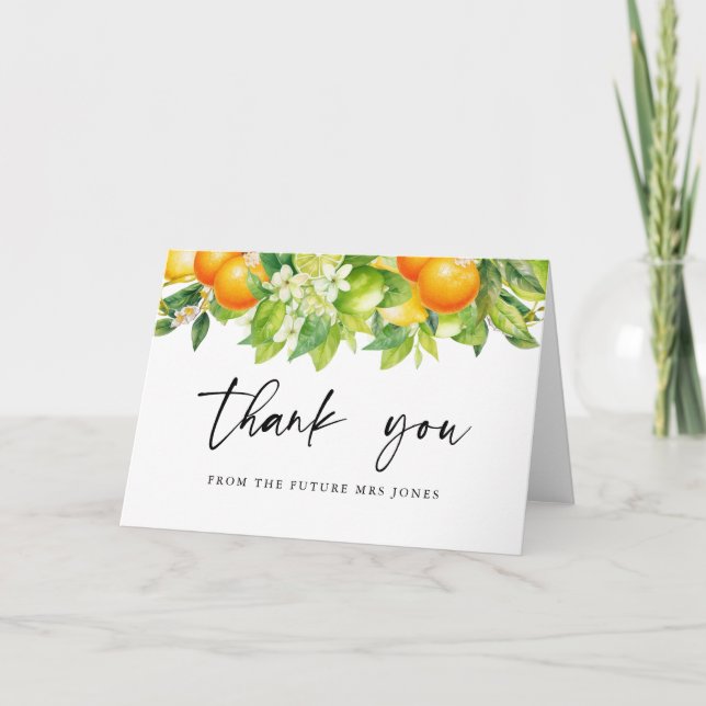 Modern Summer Oranges Lemon Citrus Bridal Shower Thank You Card (Front)