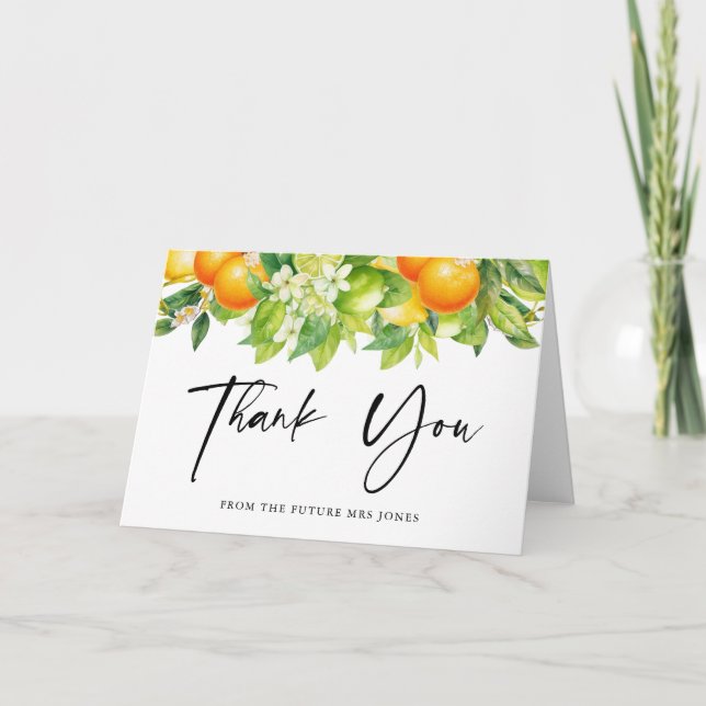 Modern Summer Oranges Lemon Citrus Bridal Shower Thank You Card (Front)