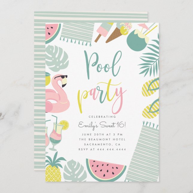 Modern Summer Pool Party Script Sweet 16 Birthday Invitation (Front/Back)
