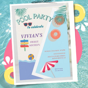 Modern Summer Pool Party Sweet 16 Birthday Invitation