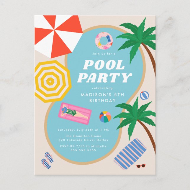 Modern Summer Pool Party Swimming Birthday Invitation Postcard (Front)
