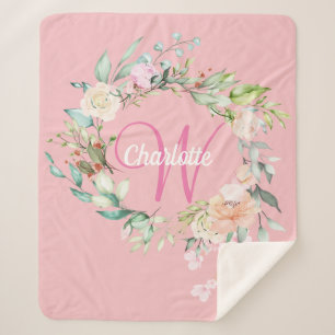 Modern Summer Roses Pink Initial Script Monogram Sherpa Blanket