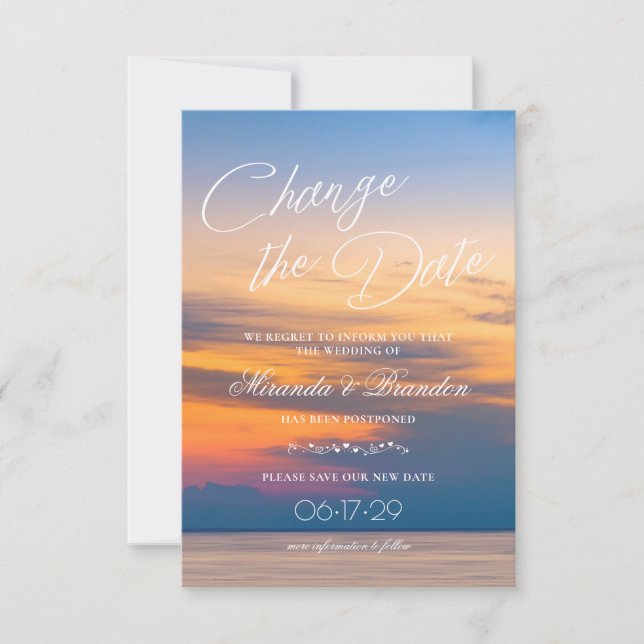 Modern Summer Sunset Change the Date Beach Wedding Save The Date (Front)
