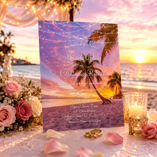 Modern Summer Sunset String Lights Beach Wedding Invitation