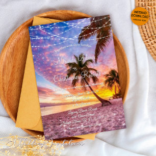 Modern Summer Sunset String Lights Beach Wedding Invitation