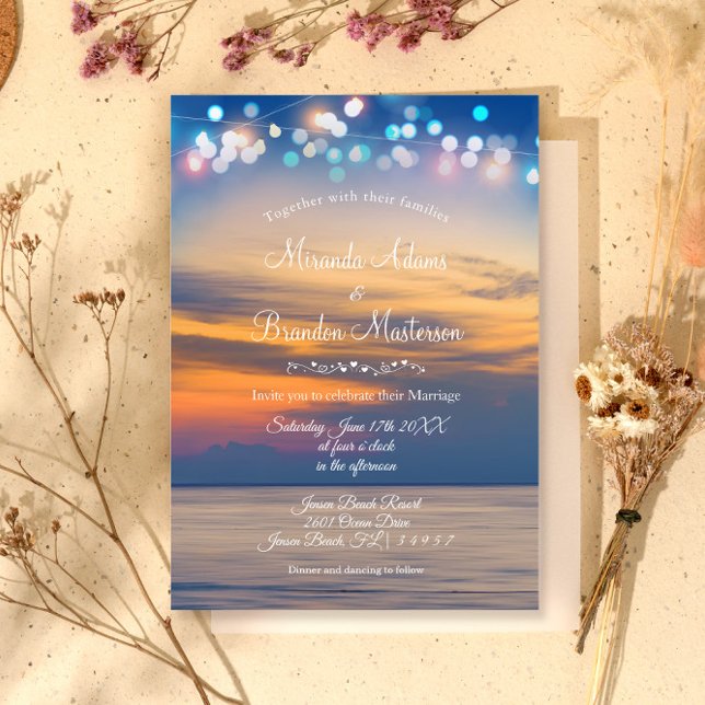 Modern Summer Sunset String Lights Beach Wedding Invitation (Creator Uploaded)