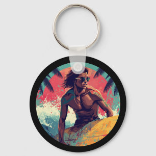 Modern Summer Surfing Vibes Surfer Custom Name Key Ring