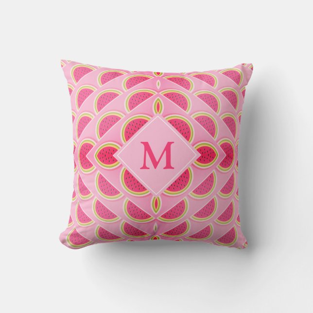 Modern Summer WATERMELON Hot Pink MONOGRAM Cushion (Front)