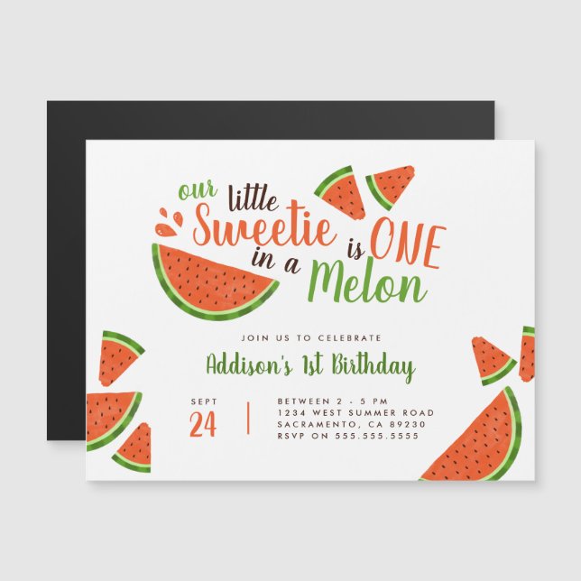 Modern Summer Watermelon One In A Melon Birthday Magnetic Invitation (Front/Back)